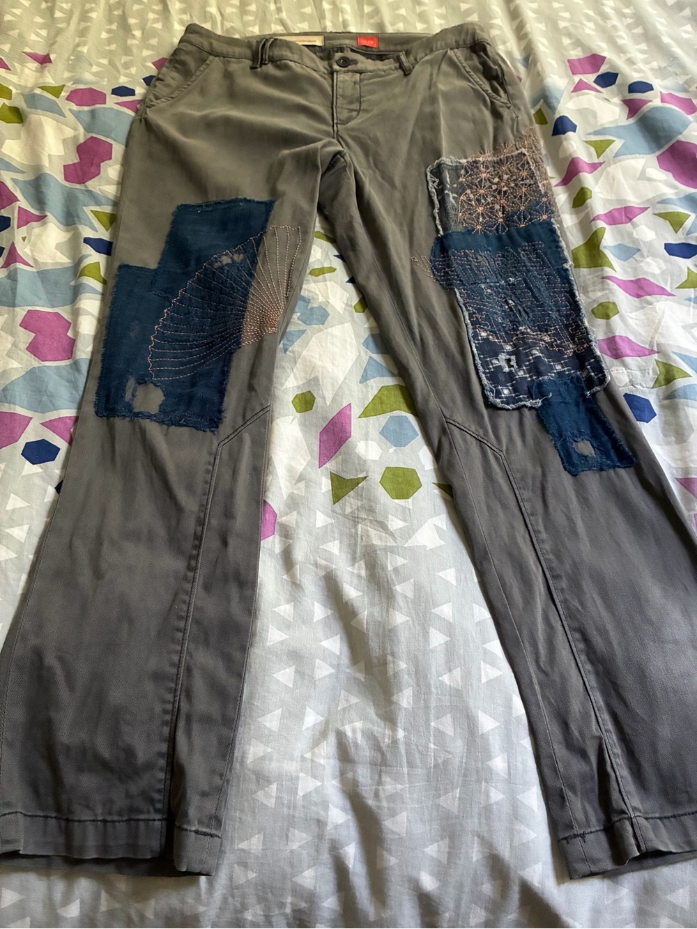 Gray chinos with Sashiko embroidery by Anthropologie size 29